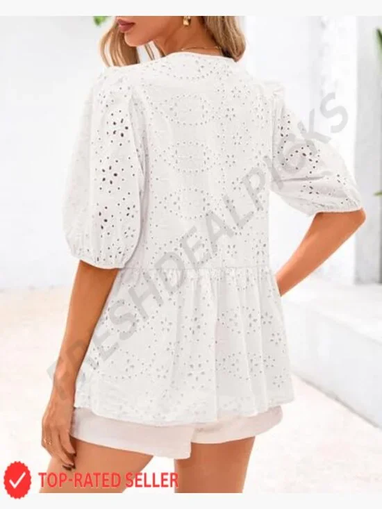 Peplum Eyelet Tie Front Blouse Lantern Sleeve Y2K Lace Babydoll Top - Picture 2 of 7